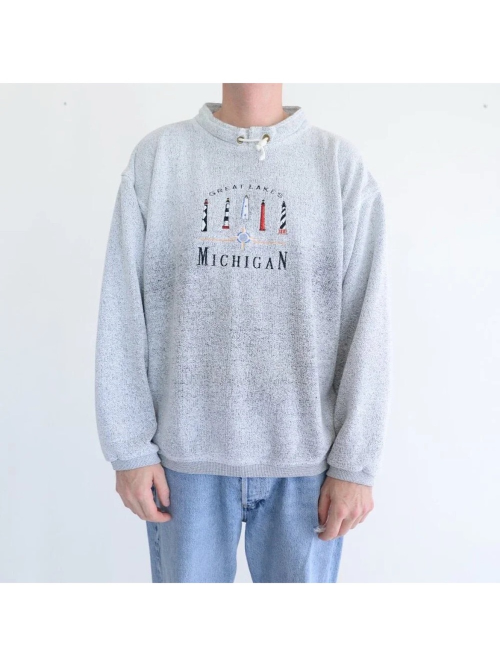 VTG 90s Gray Embroidered Great Lakes Mi, Nautical Lighthouse Pull Over Sweater